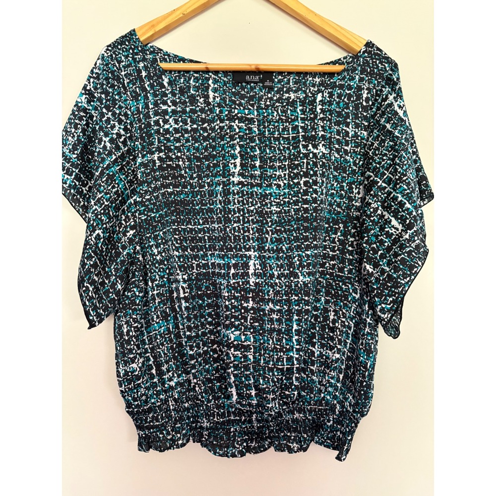 ana A New Approach Womens Teal Black Abstract Print Smocked Hem Blouse Medium